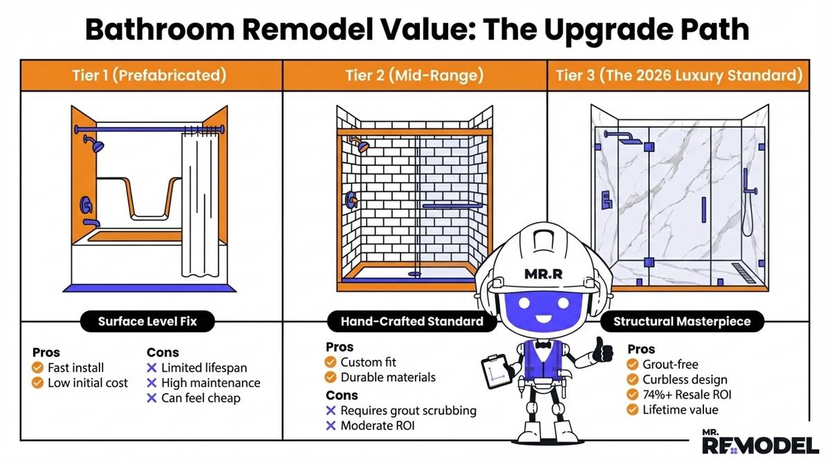 An infographic comparing three tiers of tub-to-shower conversions, contrasting basic $4,000 acrylic liners with the $18,310 high-end structural conversions that define the 2026 luxury market.